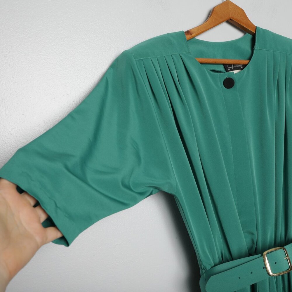Vintage Joseph Ribkoff Green Pleated Midi Dress 80s Secretary Shoulder Pads - Picture 12 of 13